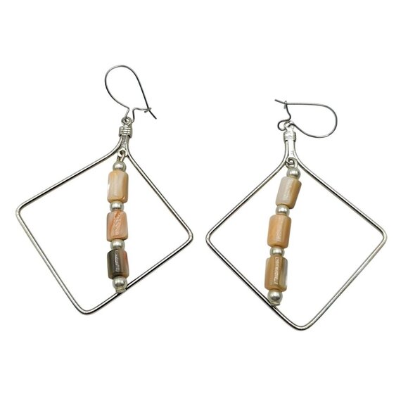 Sterling Silver Geometric Dangle Earrings With Beige Peach Abalone Shell - Picture 1 of 4